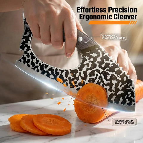 Two Pack Hand Forged Chef Knife And Cleaver Set cutting carrot on marble surface, ergonomic grip visible.