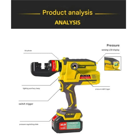 Professional Cordless Electric Hydraulic Crimping Pliers For Cable Manufacturing showing features like pressure display and trigger.