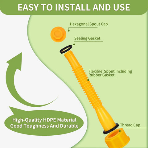 Anti Spill Gas Can Spout Replacement Kit With Flexible Nozzle, Leak Proof 3 Pack parts layout with caps and gaskets