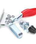 Pro Grade Heavy Duty Hold Down Toggle Clamps For Woodworking And Jigs And Fixtures Ideal For Welding Drill Press And Assembly Use Alloy Steel Construction For Smooth Low Friction Operation And Secure Adjustable Clamping In A Busy Shop featuring galvanized alloy steel clamp with red handle