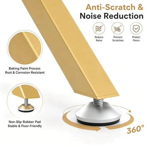 Heavy Duty 30 Inch Gold Metal Table Legs for Dining Tables with No Drill Suction Cup Mount shown with noise reduction features.