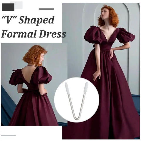 Woman in V-shaped maroon dress with overlay image of 20 Piece V Shape Bra Wires Stainless Steel Underwire Replacement For Bras Corsets Dresses And Swimwear Durable Steel Wires For Women Evening Gown Support And Repair Accessory.