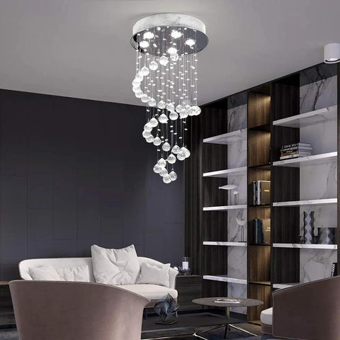 Spiral Crystal Raindrop Chandelier With Five Lights, Modern Flush Mount Round Pendant Lighting, K9 Clear Ball Ceiling Fixture in living room