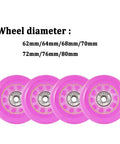 Four pink 64mm inline skate wheels with bearings, part of the Pink Dope Inline Skate Wheels 64mm 85A With Bearings 8 Pack.