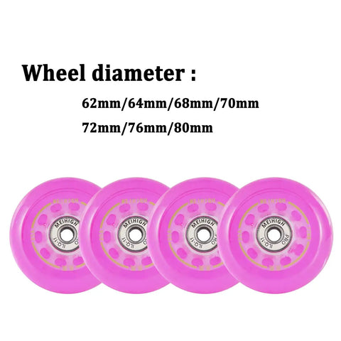 Four pink 64mm inline skate wheels with bearings, part of the Pink Dope Inline Skate Wheels 64mm 85A With Bearings 8 Pack.