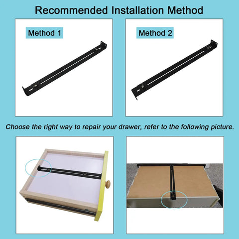 DIY Drawer Repair Kit With Heavy Duty Steel Brackets For Sagging Wooden Chipboard And MDF Drawers Middle Mount Reinforcement Hardware Includes Screws For Cabinets No Nonsense Fix installation methods displayed with mounting examples