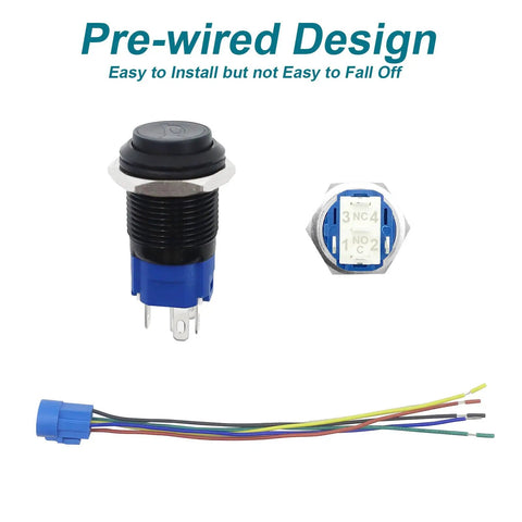 12V SPDT Horn Button Push Switch With Blue LED, Five Eighth Inch Sixteen Millimeter Momentary Car Button For Vehicle Horn, Durable Black Shell And Easy Install For DIY Auto Projects, pre-wired