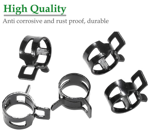 40 Pcs Two Fifth Inch ID Spring Band Type Clamps Black Hose Clips for fuel lines, water pipes, air tubes, and silicone hoses.