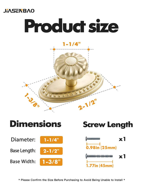 Built Tough Brushed Gold Cabinet Knobs 10 Pack With Base Brass Drawer Pulls Solid Zinc Alloy Corrosion Resistant Knockout Finish For Kitchen Cupboard Or Bathroom Dresser Hardware Refresh showing size dimensions and specifications.