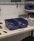 Double-Sided PP Plastic Bin Organizer For Small Parts on workshop table with screws and bolts visible, dual access from both sides.