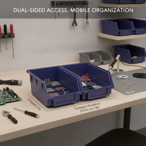 Double-Sided PP Plastic Bin Organizer For Small Parts on workshop table with screws and bolts visible, dual access from both sides.