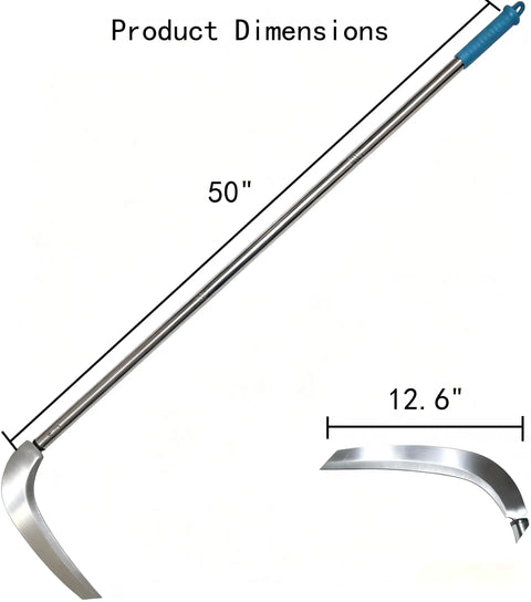 Adjustable Fifty Inch Long Handle Scythe With Heavy Duty Three Section Detachable Weed Cutter And A 12.6 Inch Stainless Steel Blade