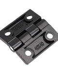 Black heavy duty zinc alloy door hinge 40x40mm with mounting holes, showing compact design. Note size differs from 50x50mm product.
