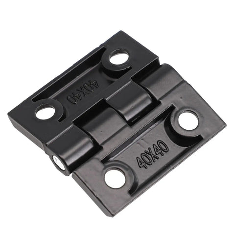 Black heavy duty zinc alloy door hinge 40x40mm with mounting holes, showing compact design. Note size differs from 50x50mm product.