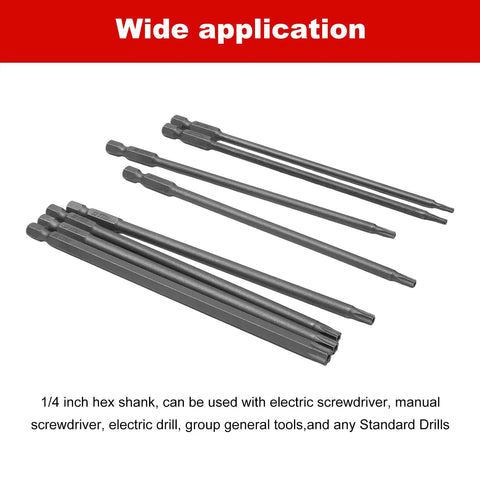 Top Shelf Eight Piece Long Torx Security Screwdriver Bits Set Built Tough With S2 Steel Blades shown with various lengths and hex shanks.