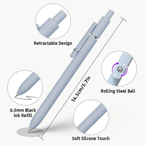 Five Pack Gel Pens 0.5mm Fine Point Black Ink With Super Soft Grip For Smooth Writing Ideal For Journaling And Note Taking Everyday Office School Supplies Gift For Women And Men Morandi Color Set, showcasing retractable design, black ink refill, and soft silicone touch.