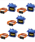 Five blue SG90 micro servo motors with orange wires and 3-pin connectors.