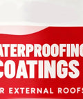 Label for waterproofing coatings for external roofs, red and white design, product not visible.