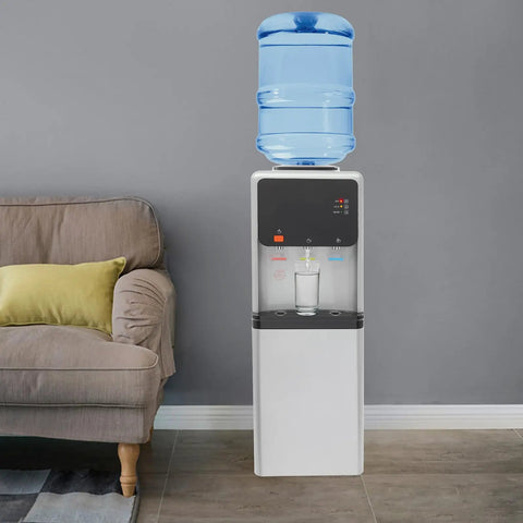 Triple Temperature Water Dispenser With Hot Cold And Room Temperature Faucets, 5.02 Gallon Freestanding Electric Cooler And Heater in a living room