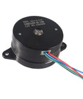Front view of a black 36mm round stepper motor with multi-colored wires and mounting tabs
