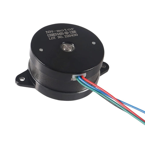 Front view of a black 36mm round stepper motor with multi-colored wires and mounting tabs