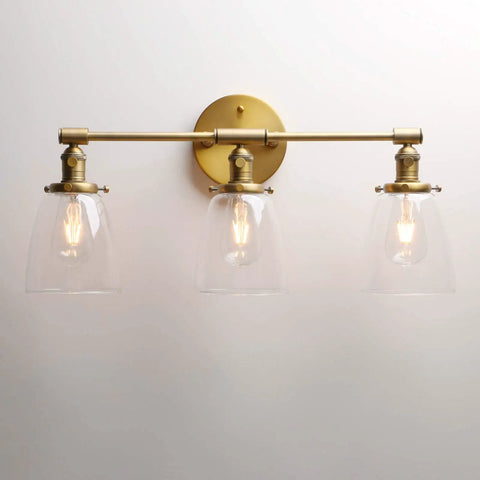 Vintage Industrial Three Light Wall Sconces with Oval Cone Clear Glass Shades Antique Finish, E26 Base, 60W Max Per Bulb
