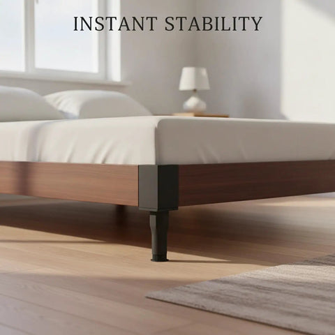 Black Square Adjustable Furniture Leg With Threaded Height Adjustment visible on bed frame for stabilization