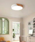 Sleek Modern LED Ceiling Light Fixture with Wood Style Flush Mount Circular Acrylic Lampshade in a home office setting