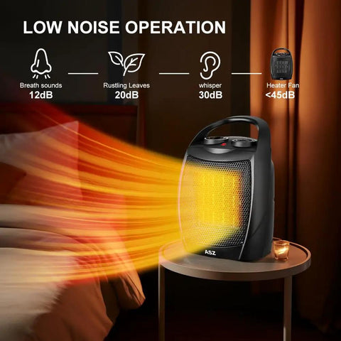 Compact Space Heater For Indoor Use 750W And 1500W With Thermostat UL Certified, shown on bedside table emitting heat