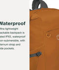 Close-up of orange Ultralight 20L Dry Stuff Pack For Travel And Quick Day Trips With Roll Top Waterproof Closure featuring IPX5 fabric.