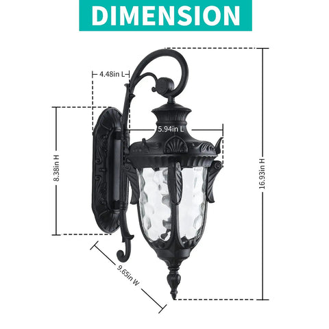 Dimensions of Outdoor Wall Light Fixtures Black Finish With Hammered Glass Shade 16.93 Inch Height Exterior Lantern