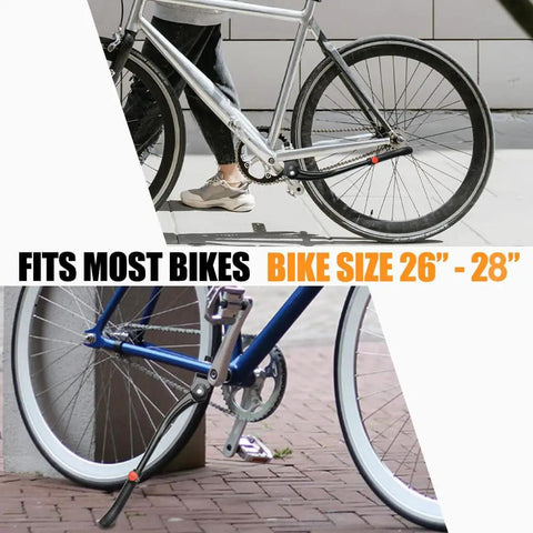 Adjustable Aluminum Bike Kickstand Center Mount For 24 To 29 Inch Mountain, Road, BMX And MTB Bikes on parked bicycle.