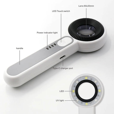 60X Handheld Magnifier With UV And LED Lights Pro Grade Loupe For Gemstones Jewelry Watches And PCB Inspection showing design features
