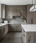 Heritage Gray Reactive Water Based VOC Free Interior Wood Stain 55 Gallon Tank on kitchen cabinets with gray finish.