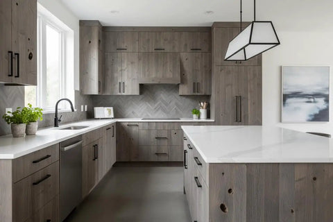 Heritage Gray Reactive Water Based VOC Free Interior Wood Stain 55 Gallon Tank on kitchen cabinets with gray finish.