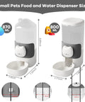 No Fuss Slick Hanging Automatic Small Pet Food Water Dispenser For Cages With Anti Spill Base in gray, showing sizes and features.