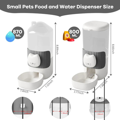 No Fuss Slick Hanging Automatic Small Pet Food Water Dispenser For Cages With Anti Spill Base in gray, showing sizes and features.