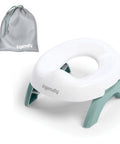 Road Warrior 2 In 1 Portable Baby And Toddler Travel Potty Seat With Secure Snap Ring Lightweight Foldable Design Includes Carry Bag and a grey storage bag.