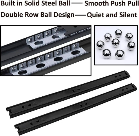 Top Shelf Heavy Duty Black Drawer Slides Pair Full Extension Smooth Glide Runners For Filing Cabinets And Workstations Built Tough Quick Install Side Or Groove Mount Hardware with steel ball design.