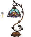 Stained Glass Tiffany Style Bedside Table Lamp With Metal Leaf Base, Cozy Reading Desk Light For Small Space Bedrooms And Home Office, Bronze Finish, 21 Inch Tall, UL Listed, On Off Cord Switch