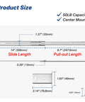 14 Inch Center Mount Drawer Slides 4 Pcs Heavy Duty Hidden Cabinet Rails detailed dimensions and specifications diagram.