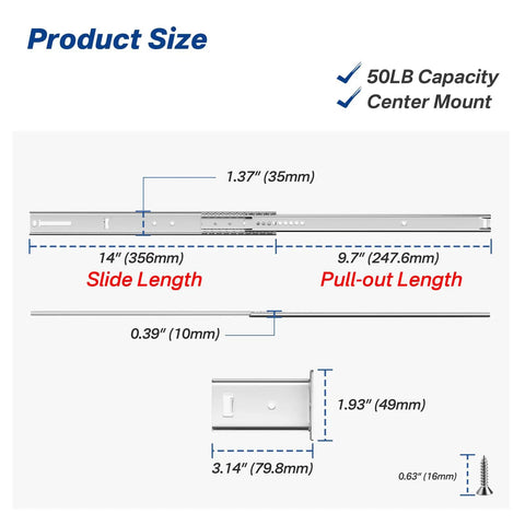14 Inch Center Mount Drawer Slides 4 Pcs Heavy Duty Hidden Cabinet Rails detailed dimensions and specifications diagram.