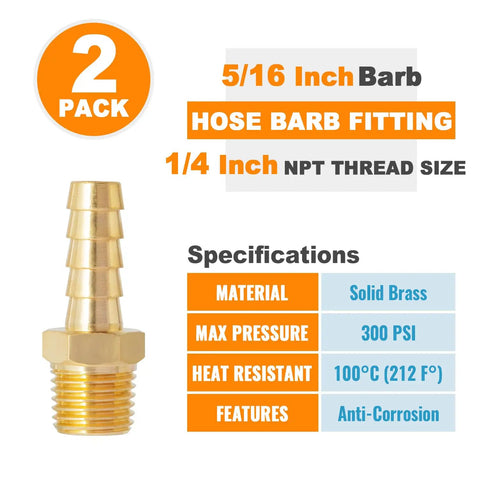 Go-To Brass Hose Barb Fittings 5/16 To 1/4 Inch NPT 2 Pack Air Hose Connector Kit showing specifications