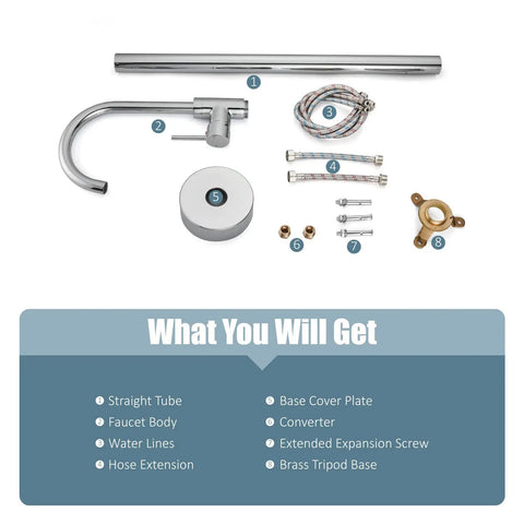 Freestanding Tub Faucet Chrome Floor Mount Tub Filler With Single Lever Brass Mixer Tap And Tub Spout No Handheld Spray Built To Last Durable Solid Brass Construction Modern Bath Upgrade Kit assembly parts including faucet body, water lines, and brass tripod base