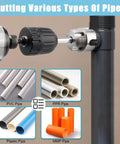All In One PVC Pipe Threader Kit For One Half Inch Three Quarter Inch And One Inch Pipes Evponk Internal And External Threading Tool Set For Electric Drill Tapping And Rethreading System Three Piece Fast And Easy shown with various pipe types