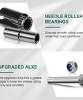 Top Shelf 5 Inch Polyurethane On Cast Iron Caster Wheel With Precision Needle Roller Bearing showing needle roller bearings and upgraded axle.