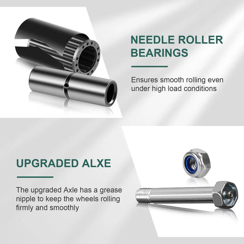 Top Shelf 5 Inch Polyurethane On Cast Iron Caster Wheel With Precision Needle Roller Bearing showing needle roller bearings and upgraded axle.