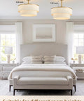 Boho Fandelier Ceiling Fan with Light, Gold Chandelier Fan and Remote, displayed in a bedroom, showing size dimensions on ceiling.