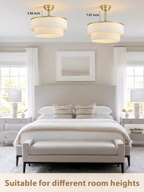Boho Fandelier Ceiling Fan with Light, Gold Chandelier Fan and Remote, displayed in a bedroom, showing size dimensions on ceiling.