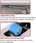 Handy Manual Tape Dispenser Sealer For Cardboard Boxes, Adjustable Length Tool showing adjustable spring and smoothing wheel.